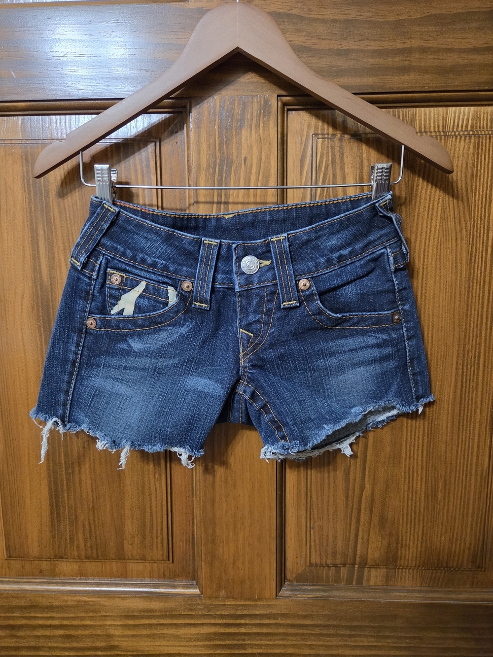 True Religion Dark Blue Distressed Denim Cutoff Shorts